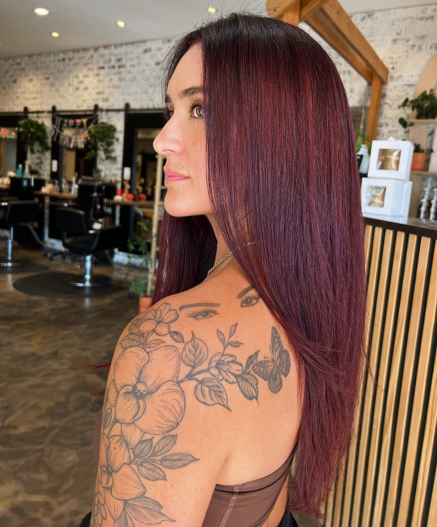 dimensional burgundy hair