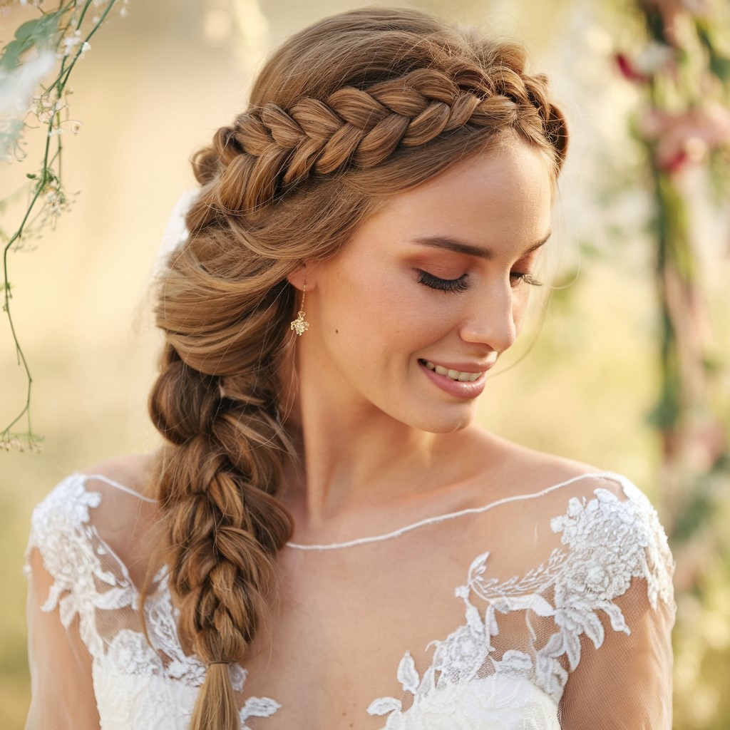 Penteado de casamento com coroa entrançada