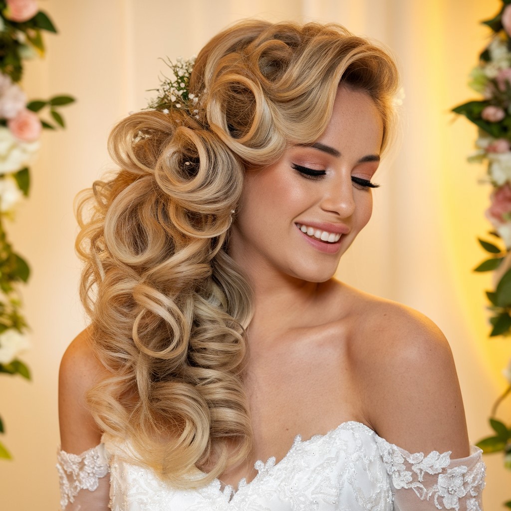 Coiffure de mariage balayée sur le côté