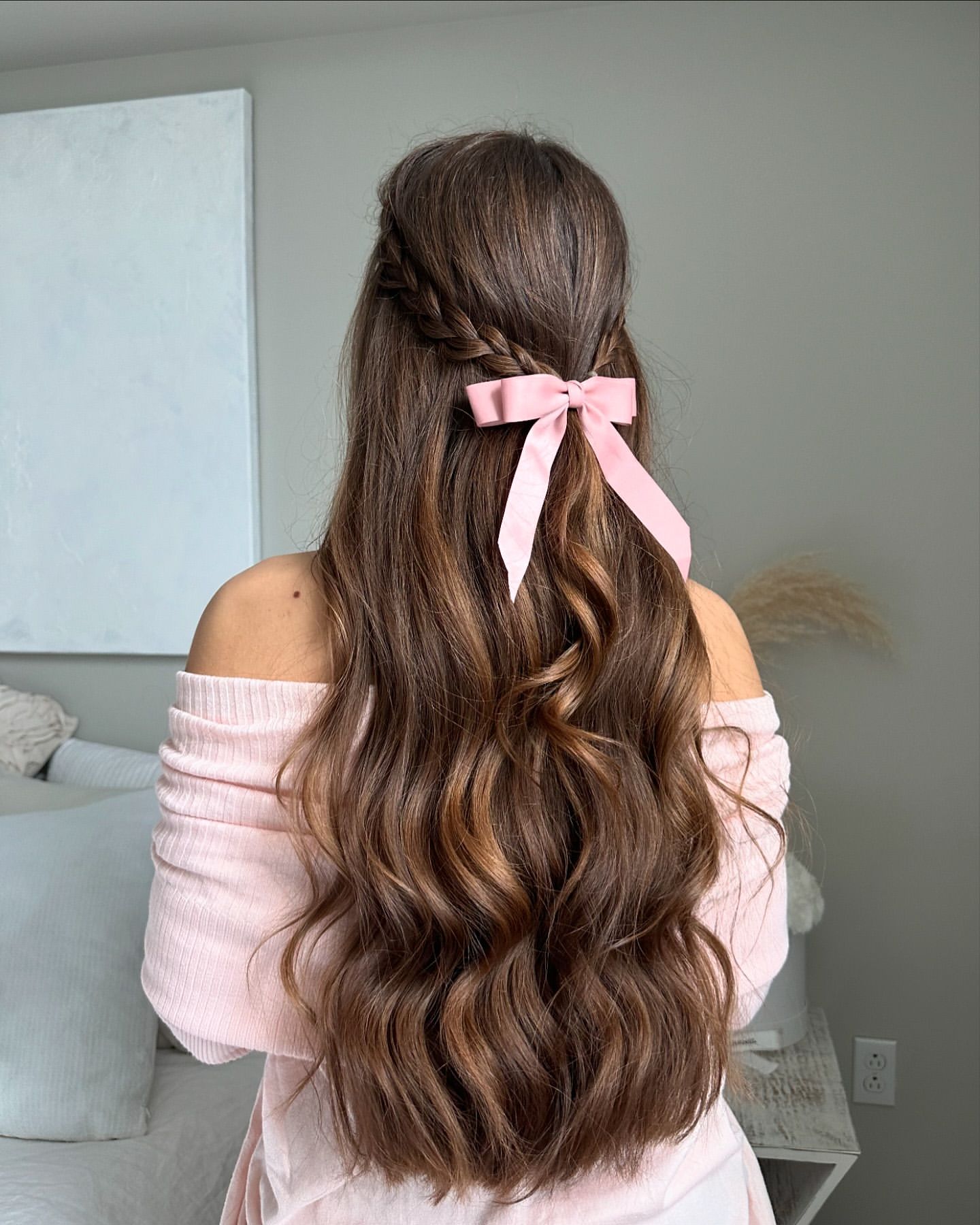 half-up crown braid with ribbon