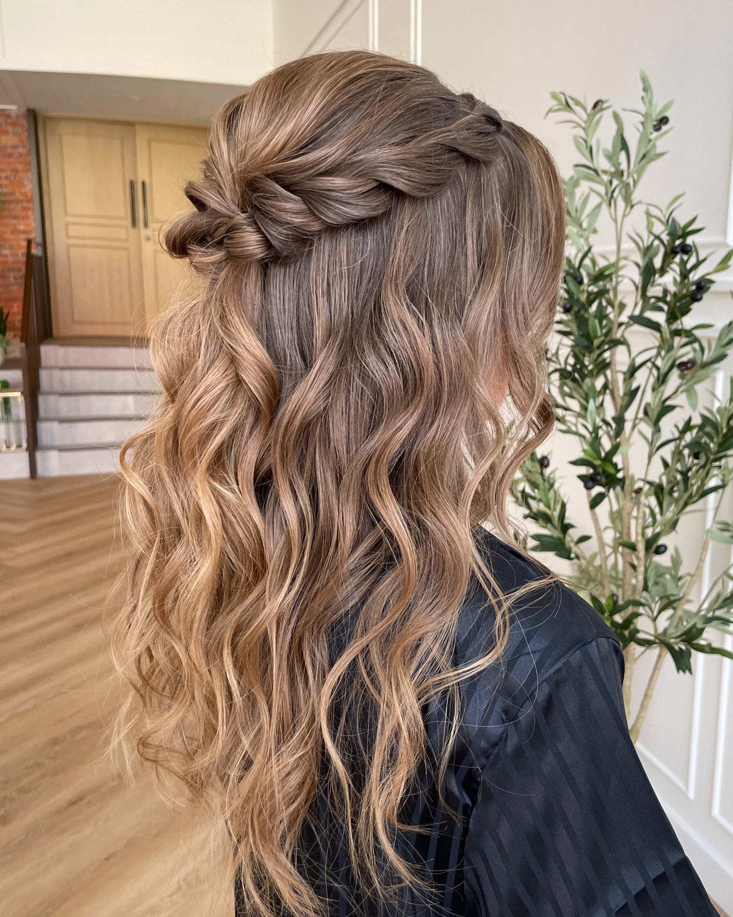 loose waves with half-up crown braid