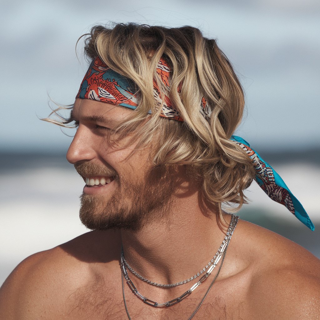 Corte de cabelo de surfista para rapazes com bandana