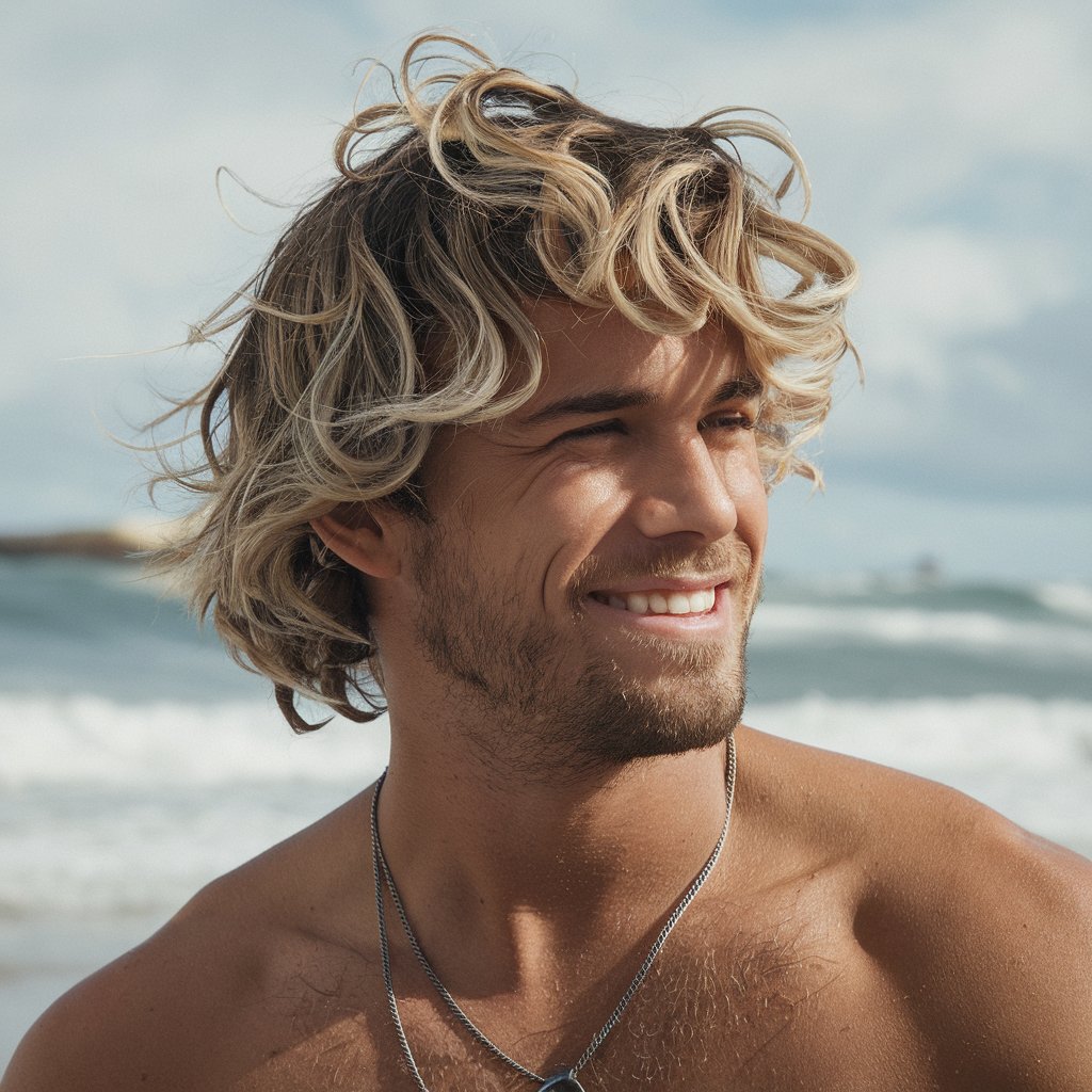 Corte de cabelo com caracóis soltos para rapazes surfistas