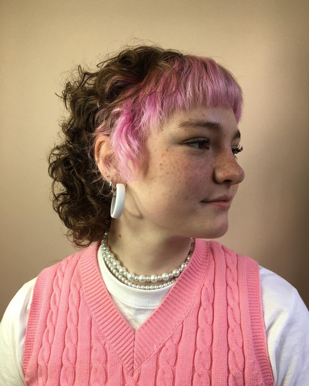 Brunette Curly Mullet With Pink Bangs