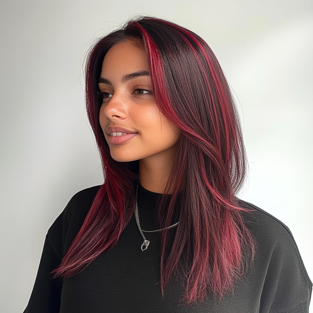 burgundy wine hair with underlights