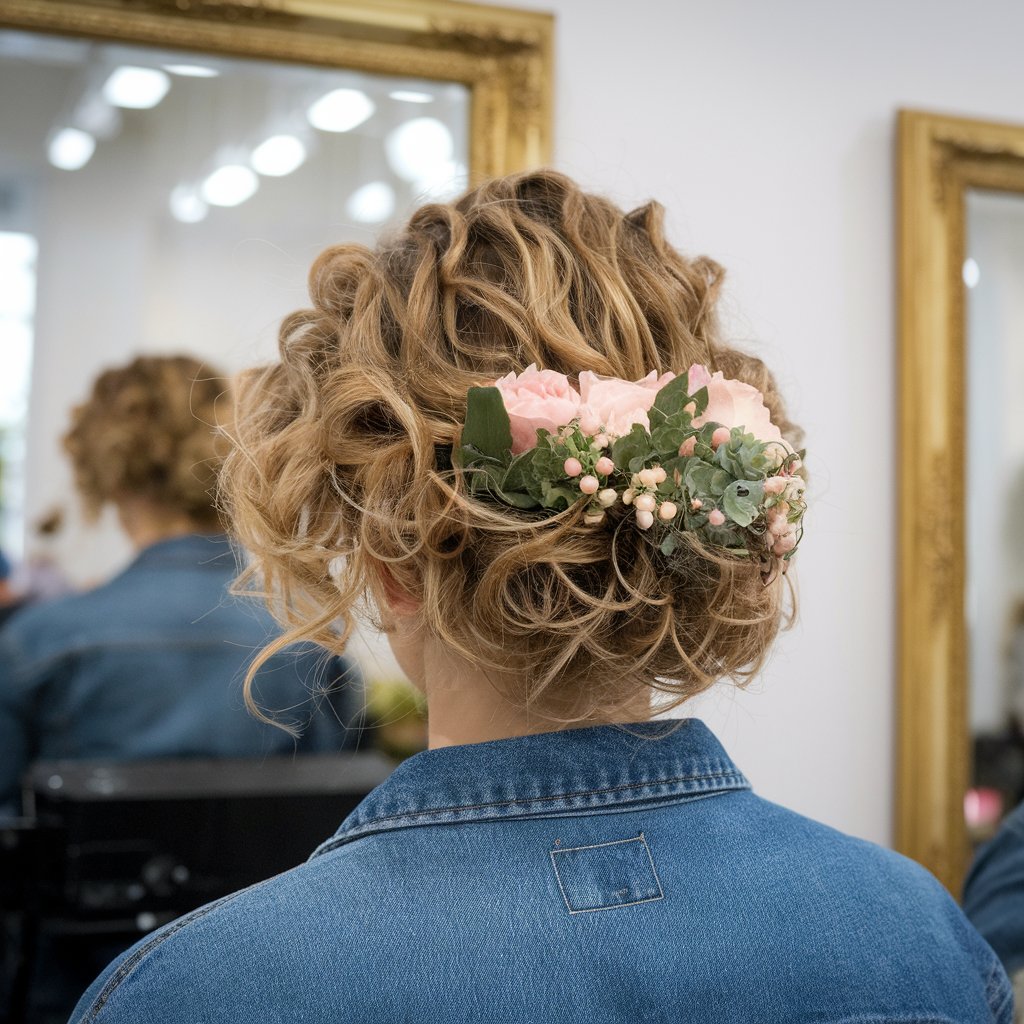 curly hairstyle with a flower