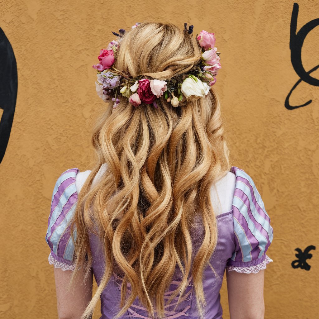 rapunzel waves with a flower crown