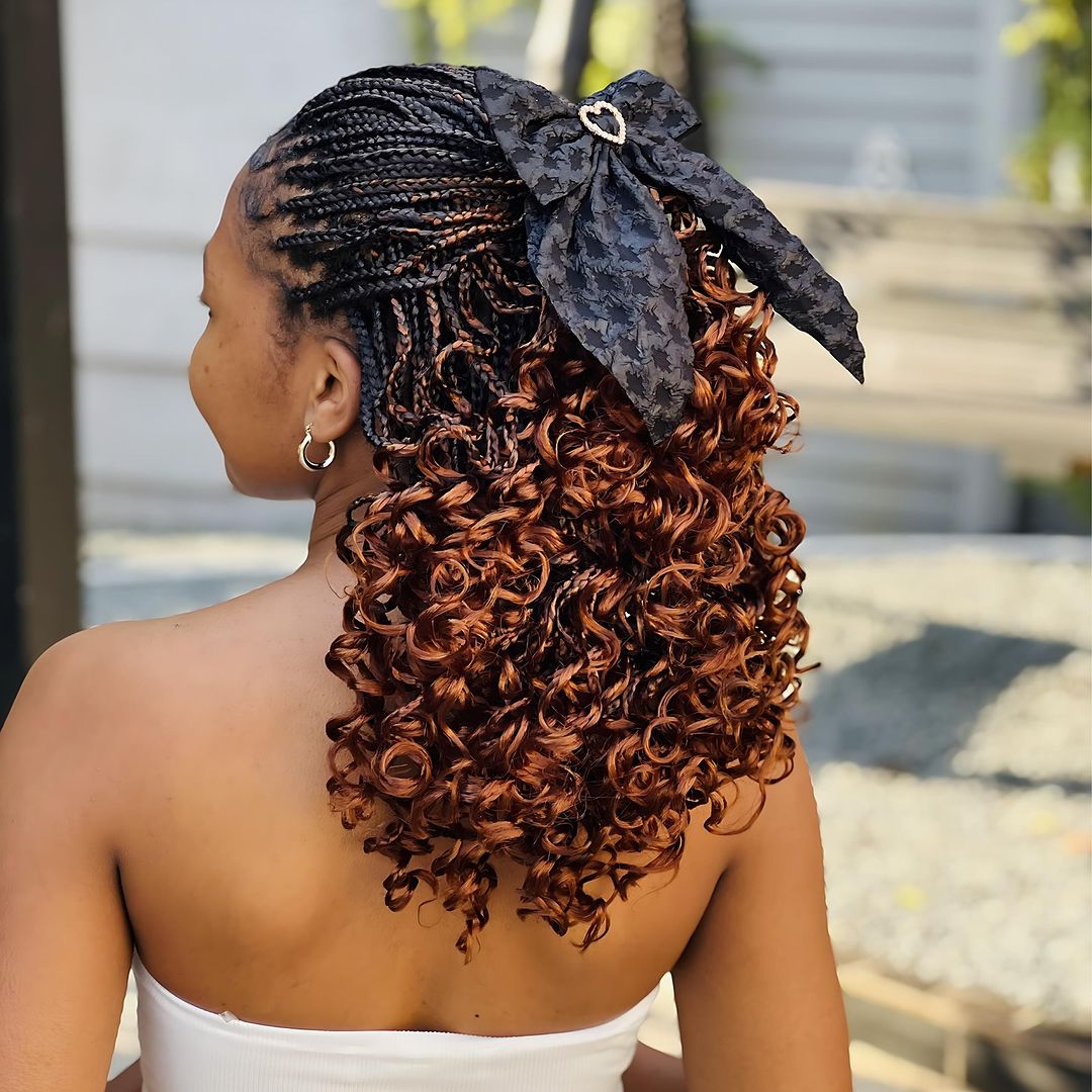 copper balayage box braids with curly ends