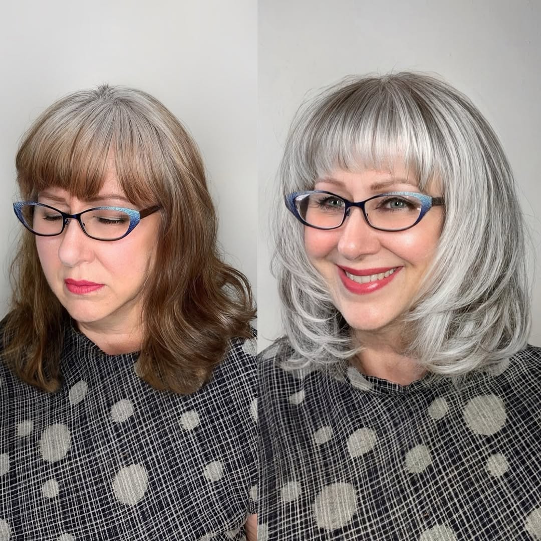 face framing grey lob with bangs