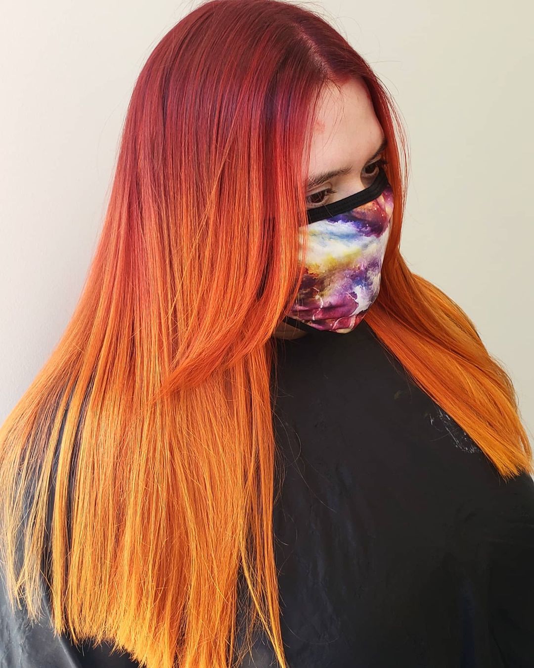 fire ombre color melt with curtain bangs