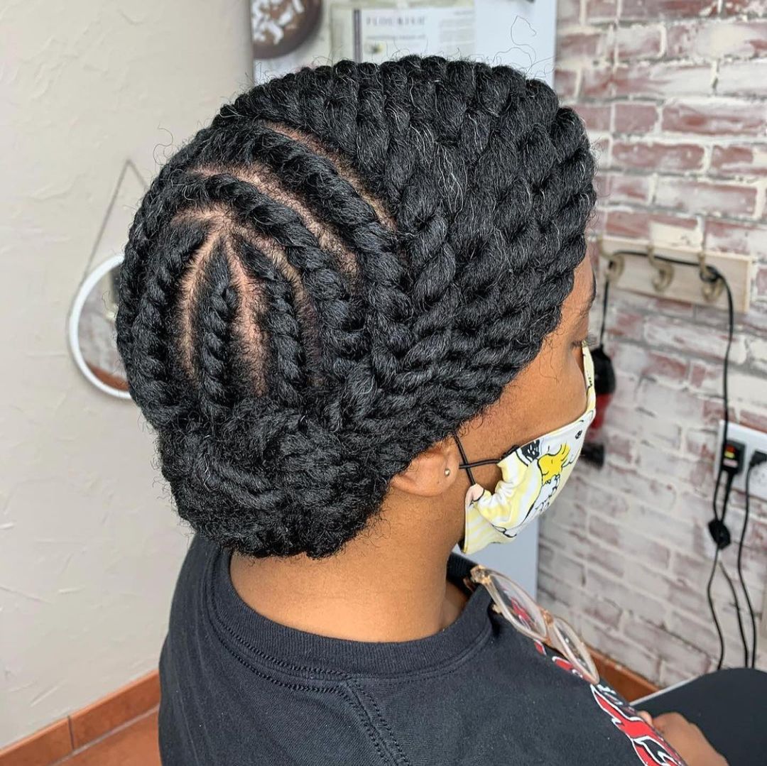 flat twist updo bun with zig-zag parting