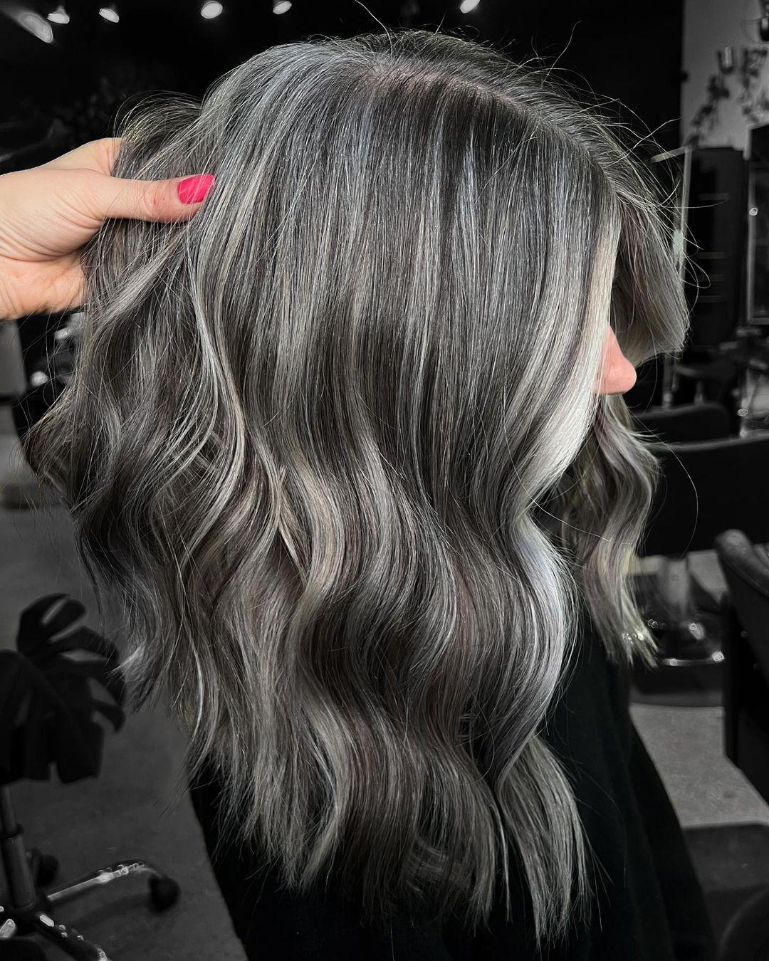 cheveux gris avec des reflets bruns foncés et argentés