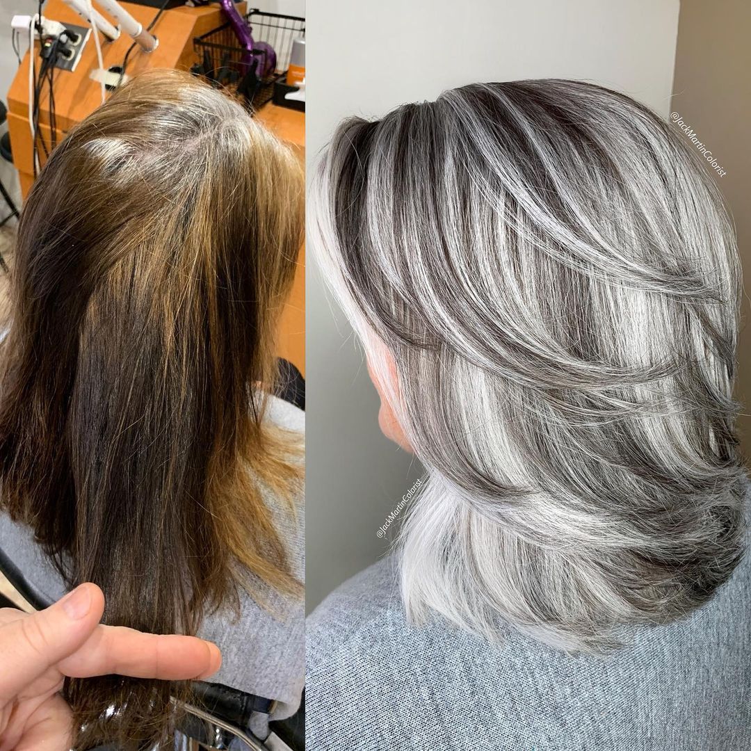 pelo gris con mechas castaño oscuro