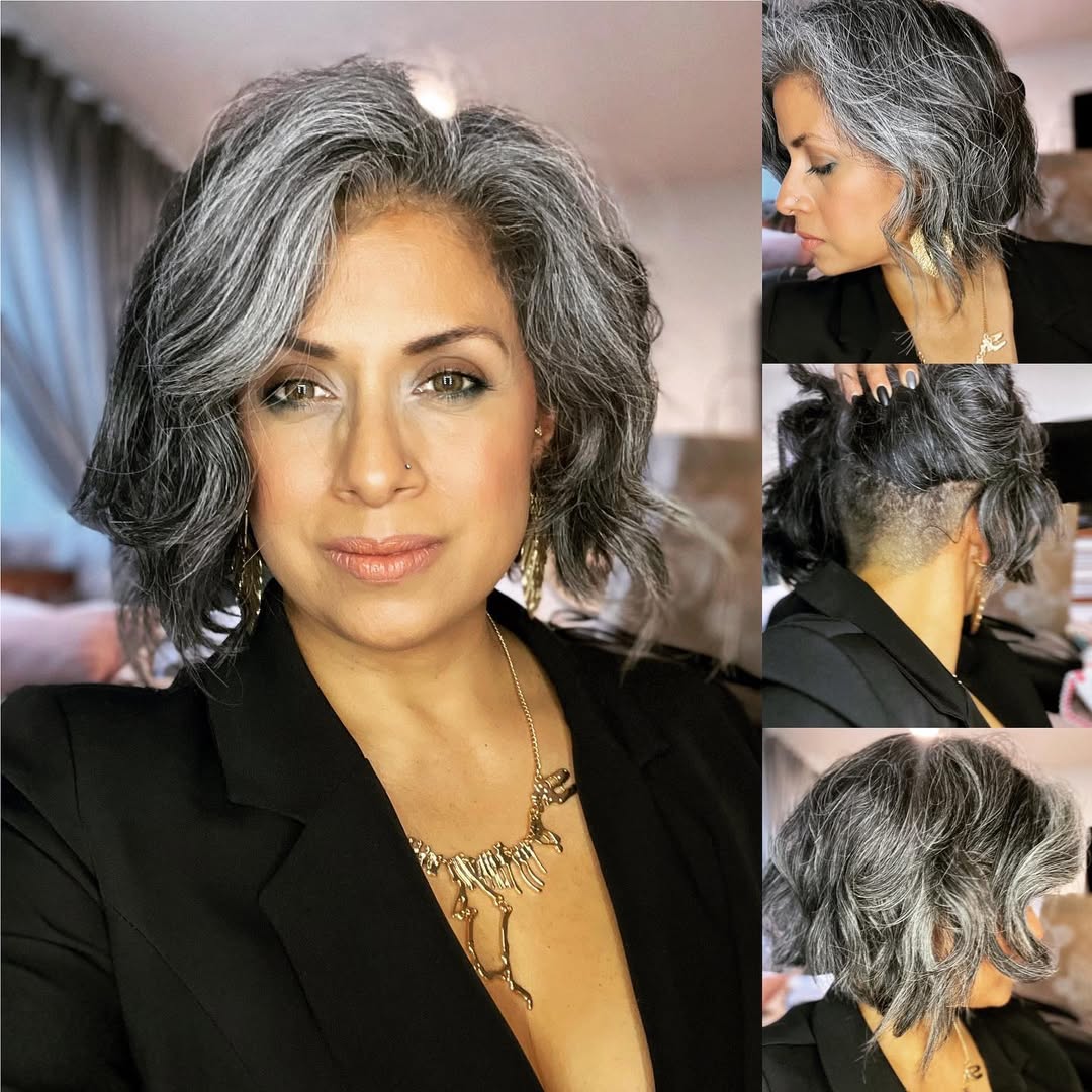 pelo gris con mechas y corte bajo