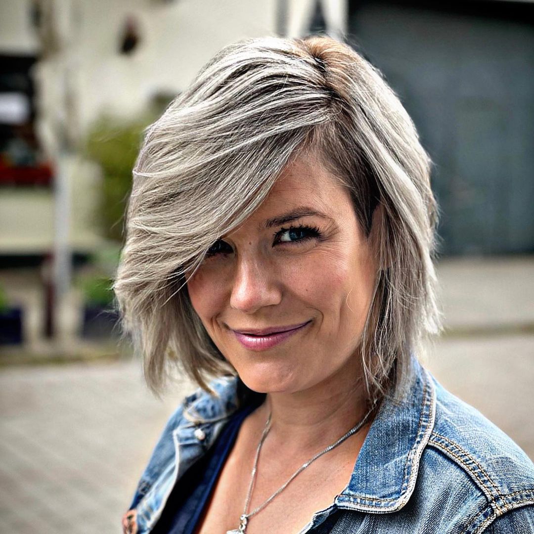 grey bob with shadow roots