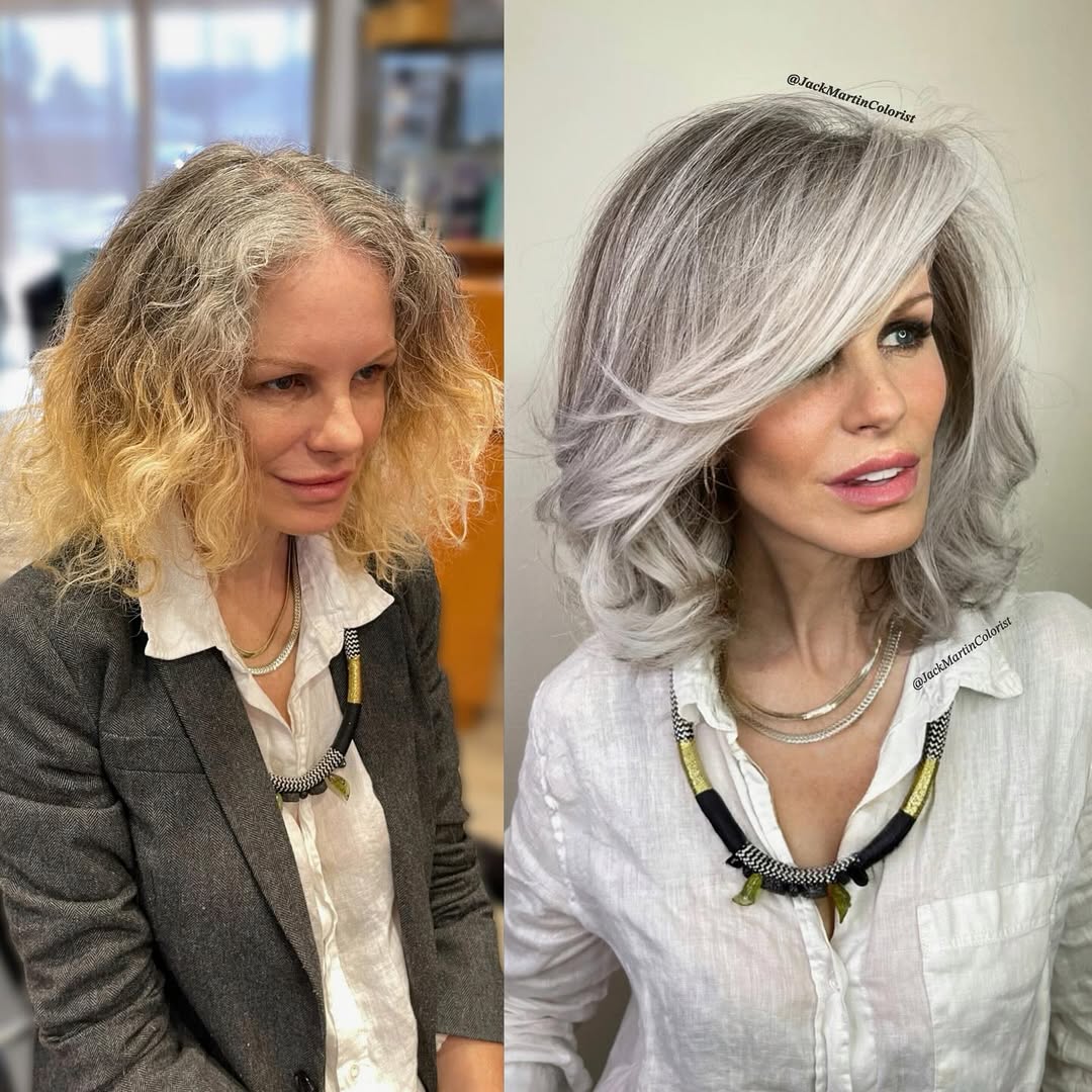 long grey bob with long bangs