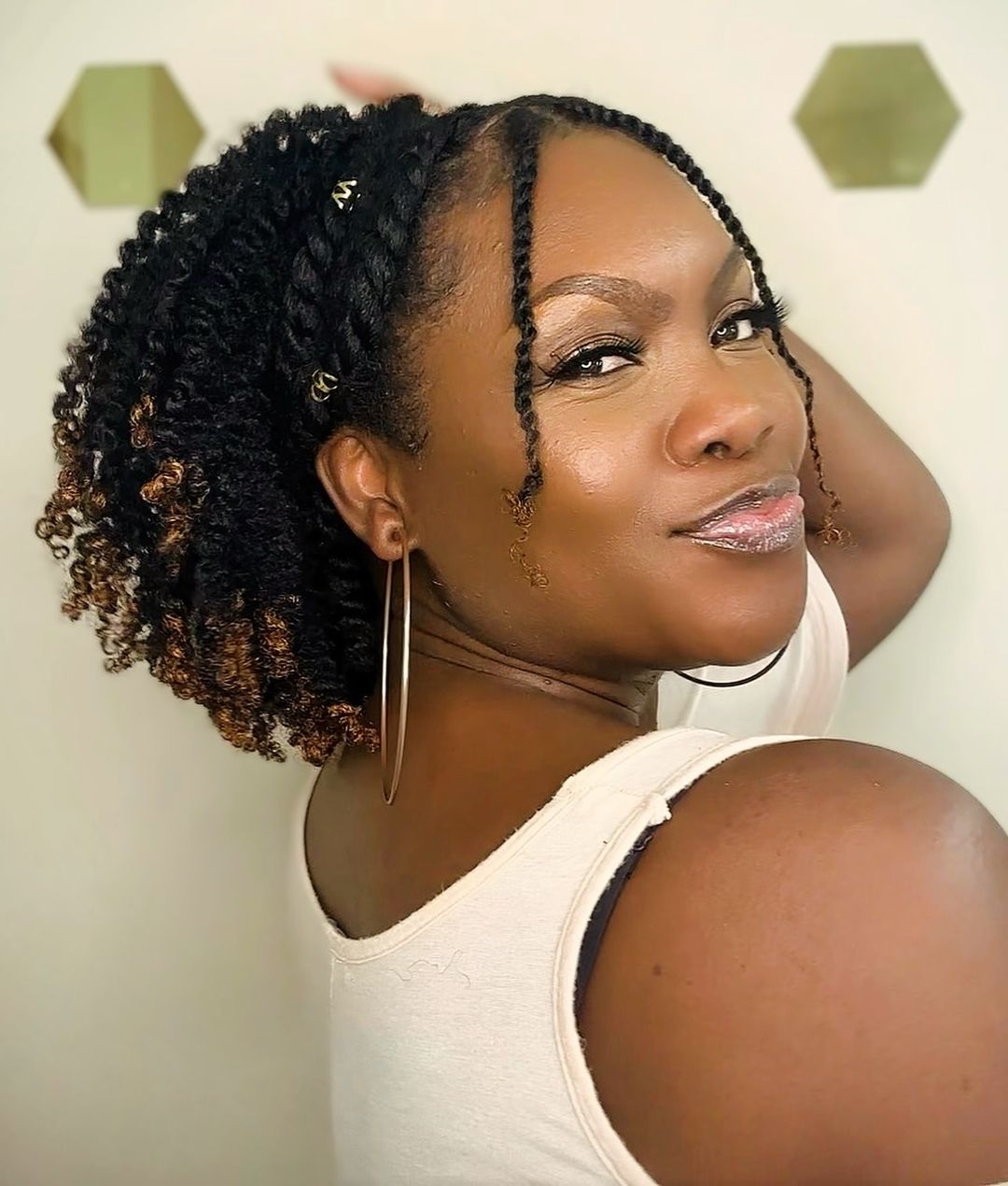 natural coily hair with front twists nad beads