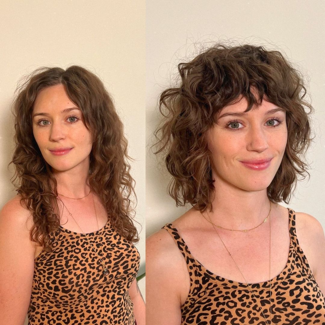 short stacked curly bob with choppy bangs