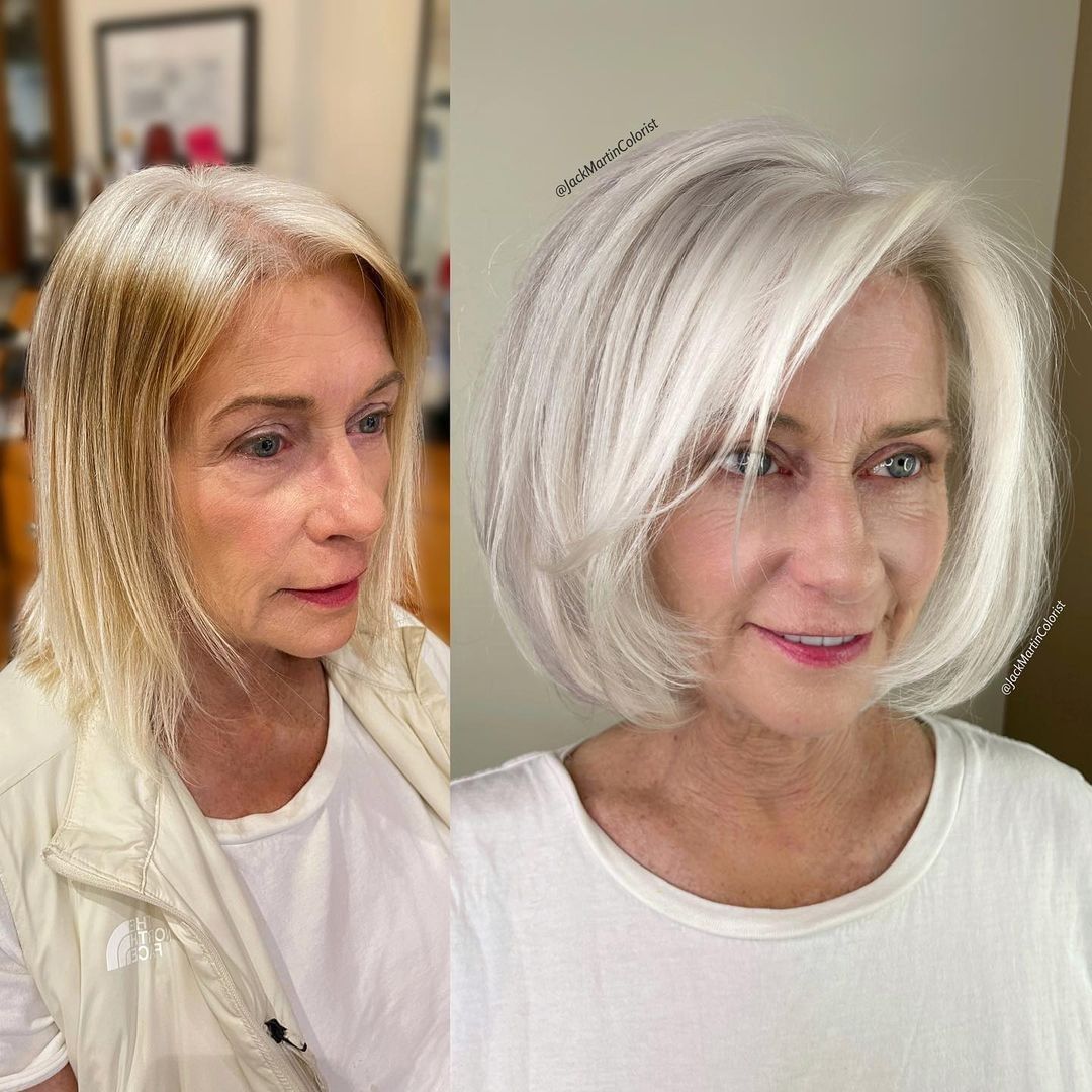 corte bob plateado para mujeres de más de 60 años