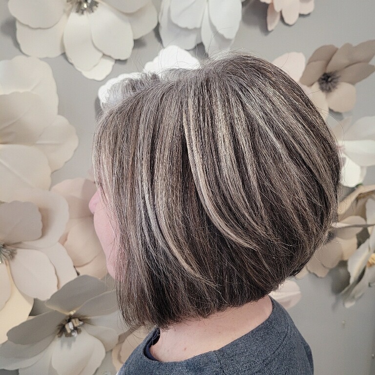 stacked gray bob with lowlights