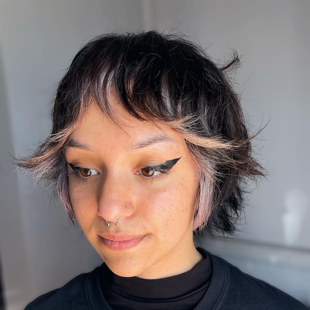 textured pixie shag with pastel pink peekaboo highlights