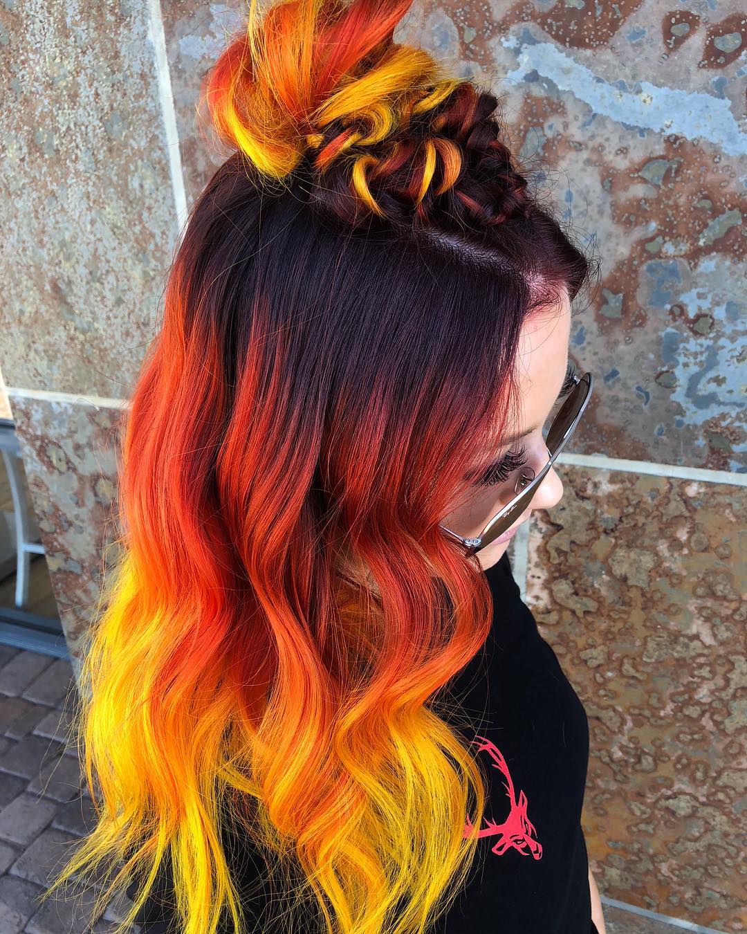 vivid fire ombre with dark roots