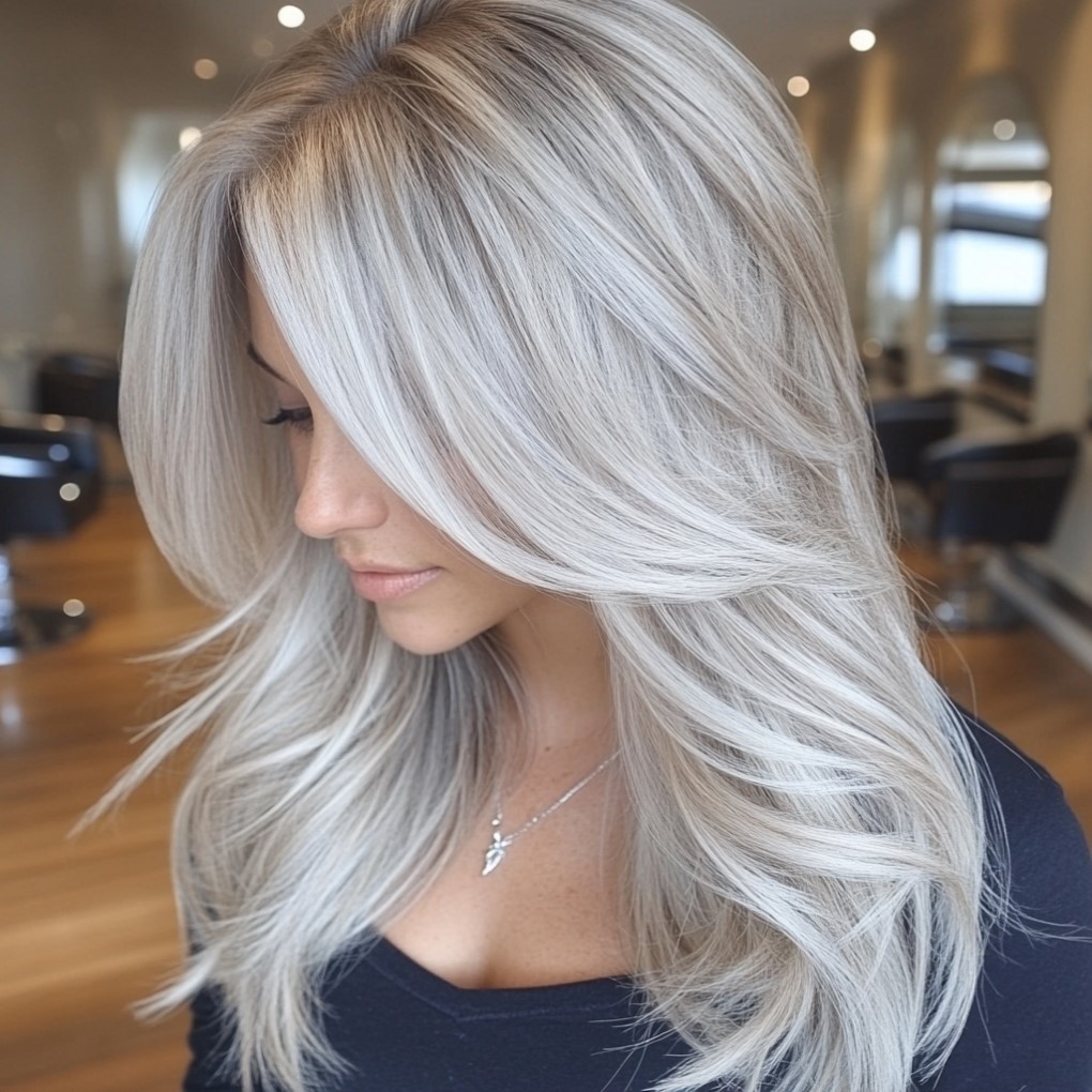 Balayage blond cendré glacé avec reflets