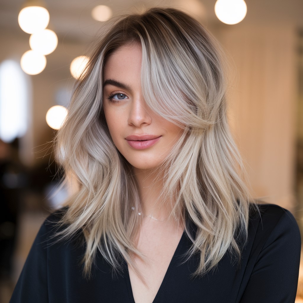 Balayage blond cendré encadrant le visage