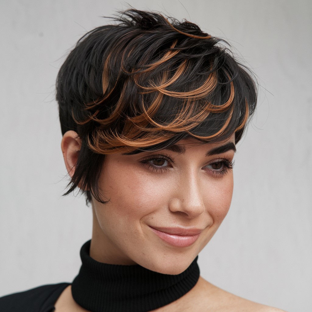 Caramel Highlights On Dark Pixie Cut