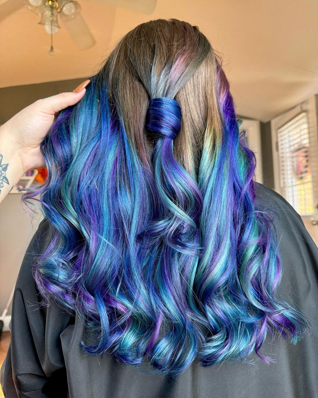 Blue And Purple Balayage Blended Into Natural Root Color