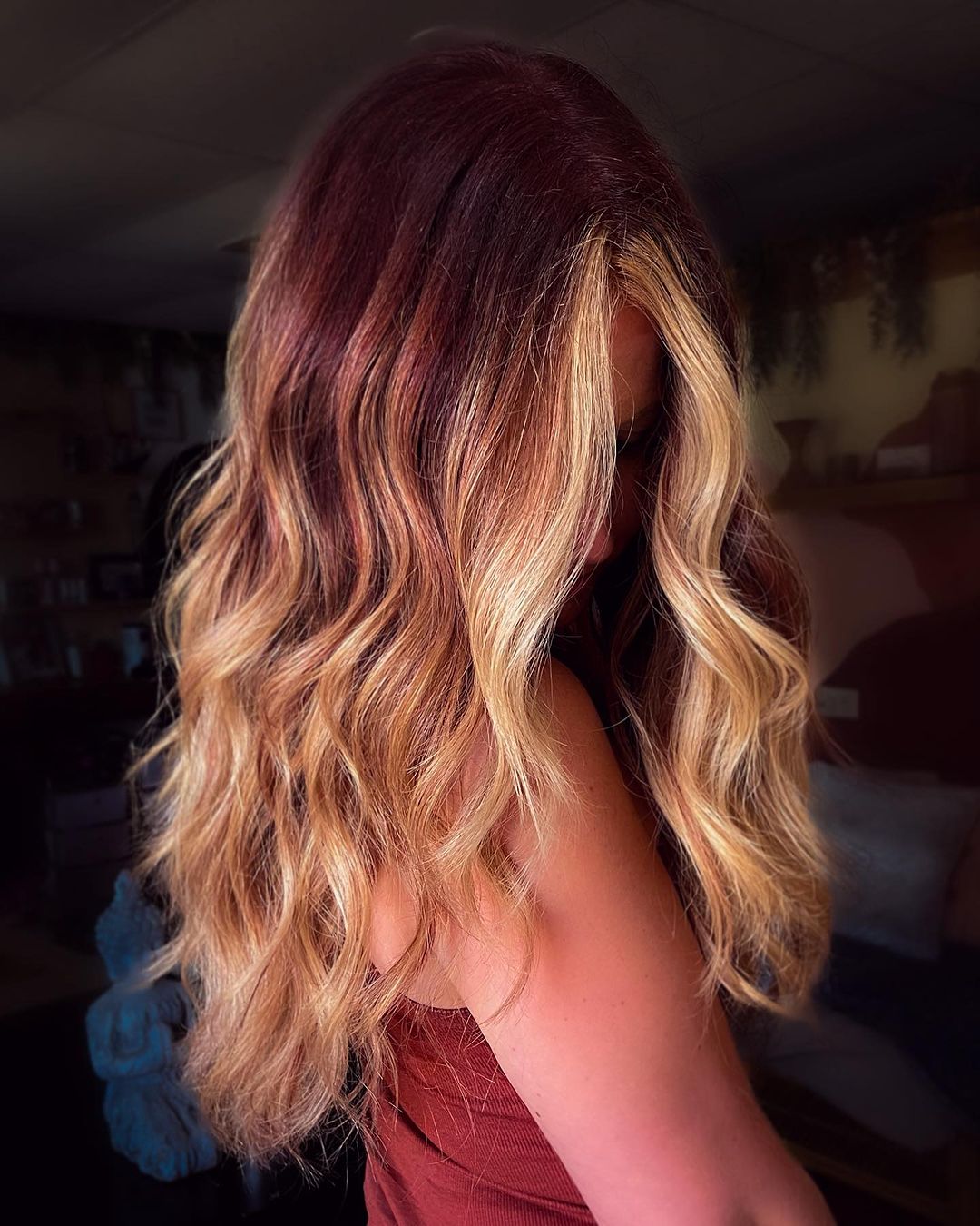 copper balayage with blonde money piece