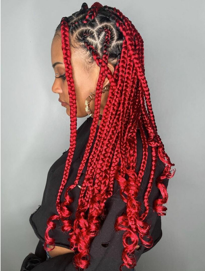 Heart And Wavy Red Box Braids Style