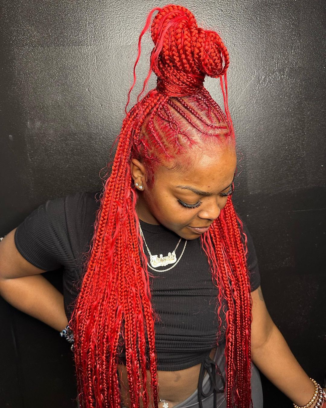 High Bun Red Box Braid Style
