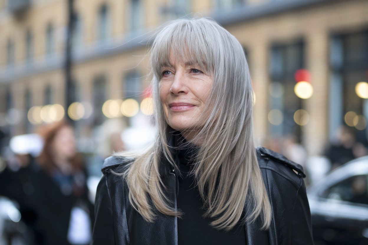 Cabelo comprido e elegante com franja para mulheres com mais de 50 anos