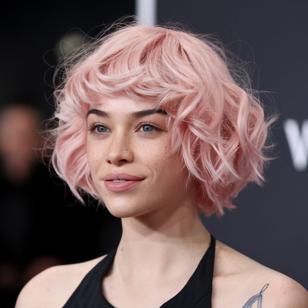 Pastel Pink Curly Bob
