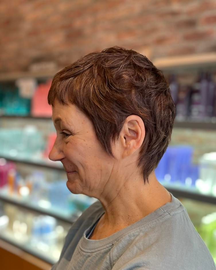 Textured Brown Layered Pixie Shag
