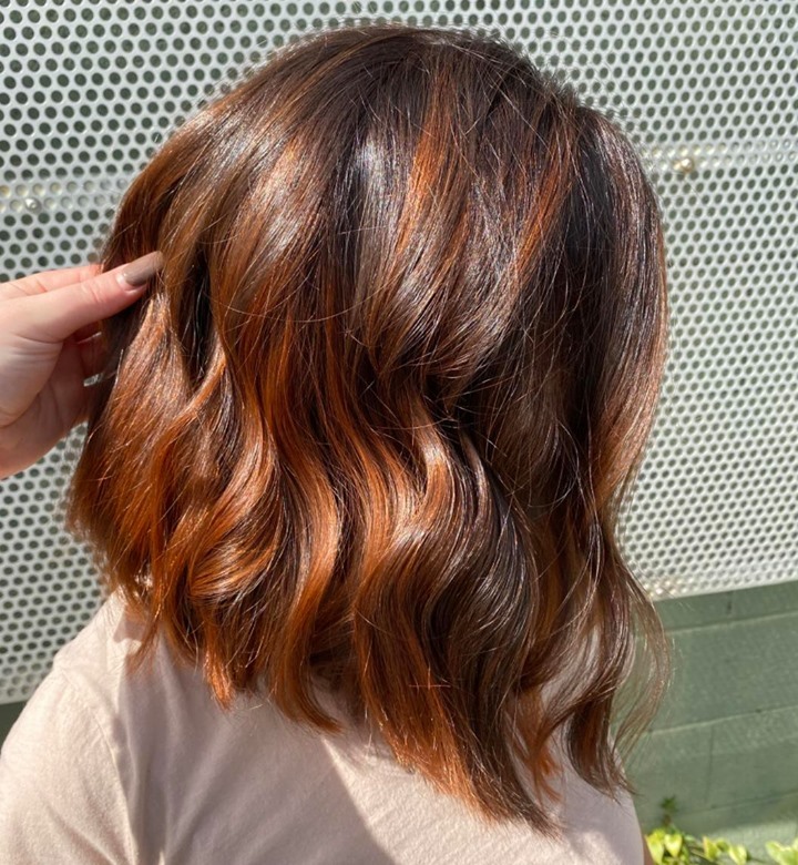 auburn balayage long A-line bob