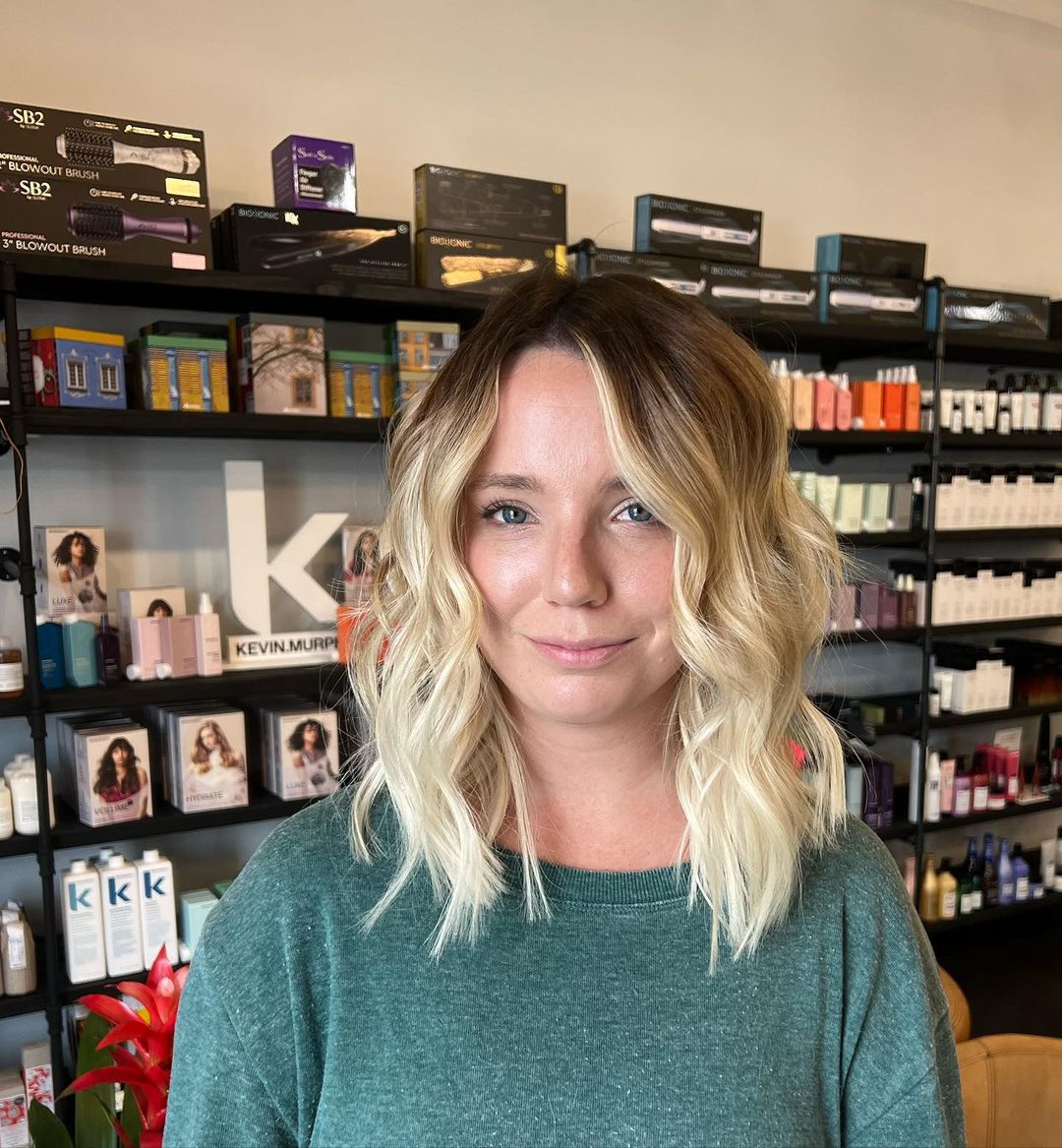 blonde balayage long A-line bob