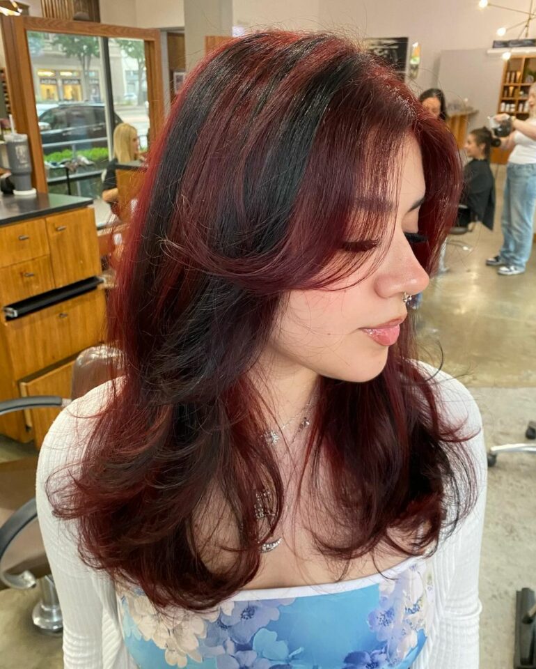 medium light brown hair with red highlights