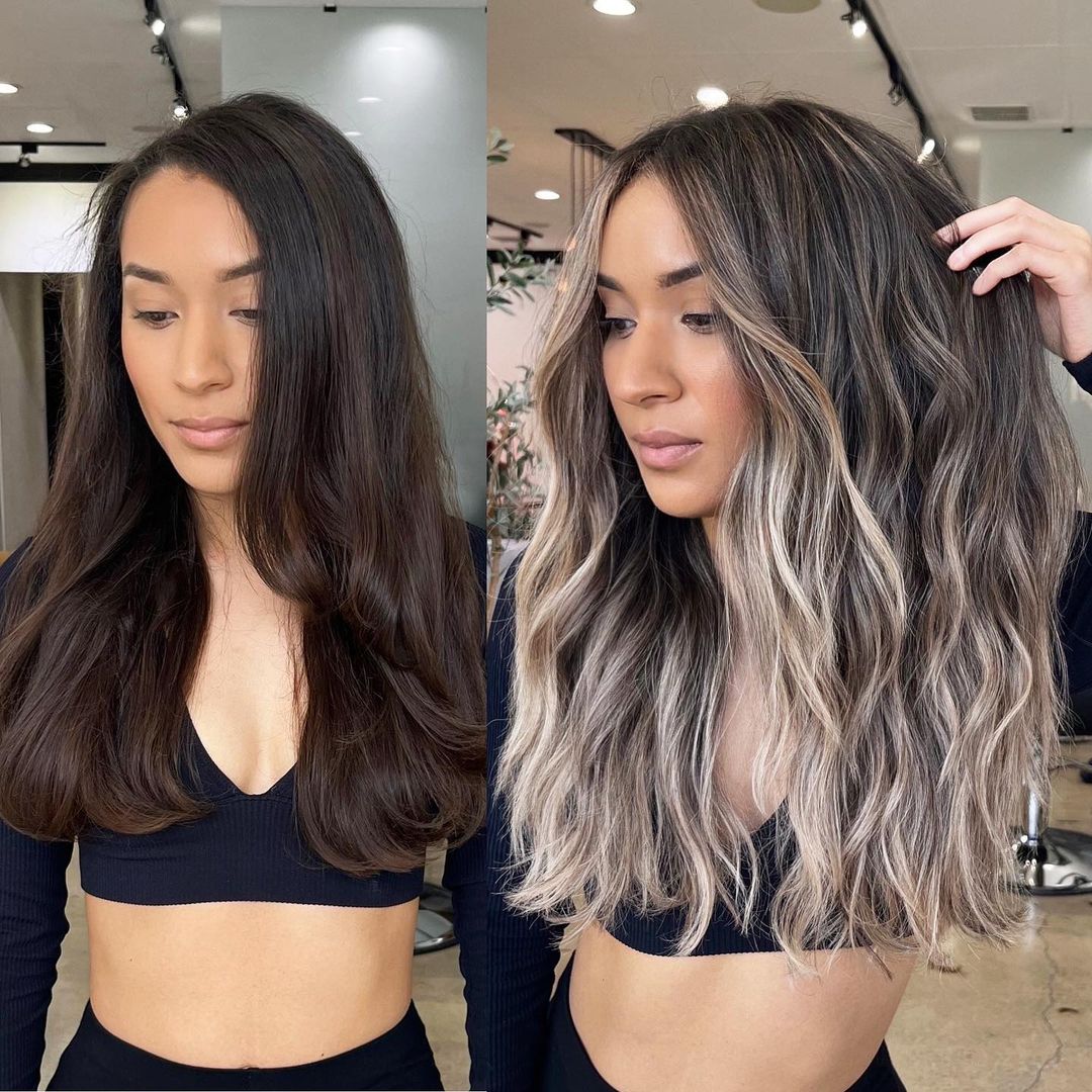 pelo castaño oscuro con mechas rubias transformación