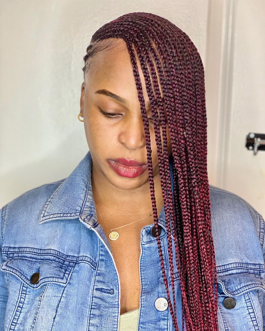 deep side parted burgundy box braids