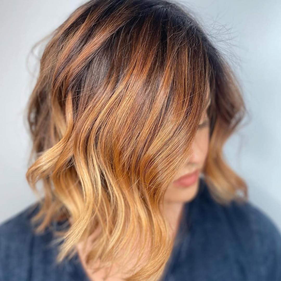 Balayage miel caramel sur coupe lob