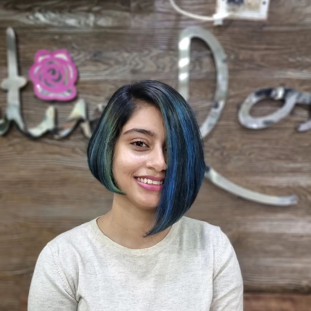 multicolored long asymmetrical bob