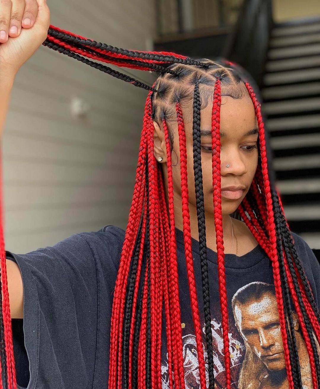 red and black knotless box braid