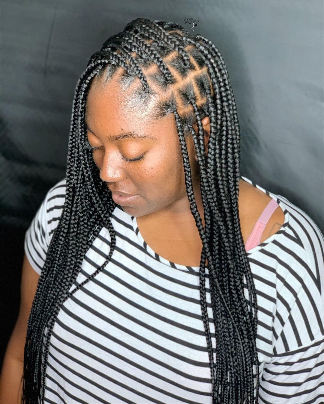 side-parted long box braids