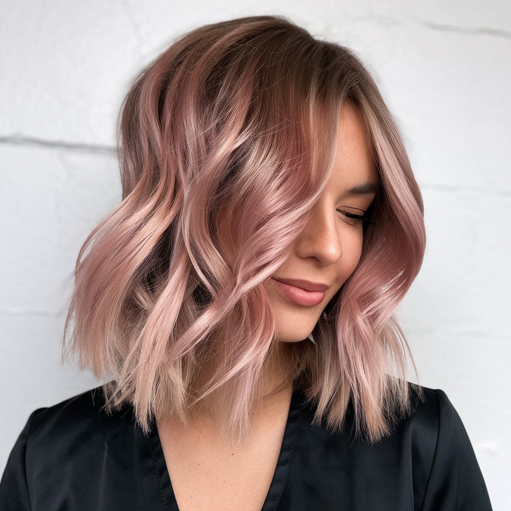 Balayage or rose sur cheveux blonds moyens