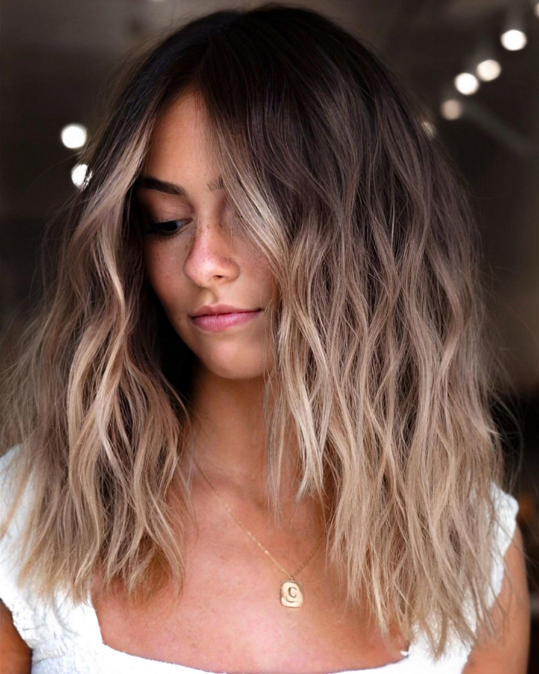 brown hair with bright blonde balayage