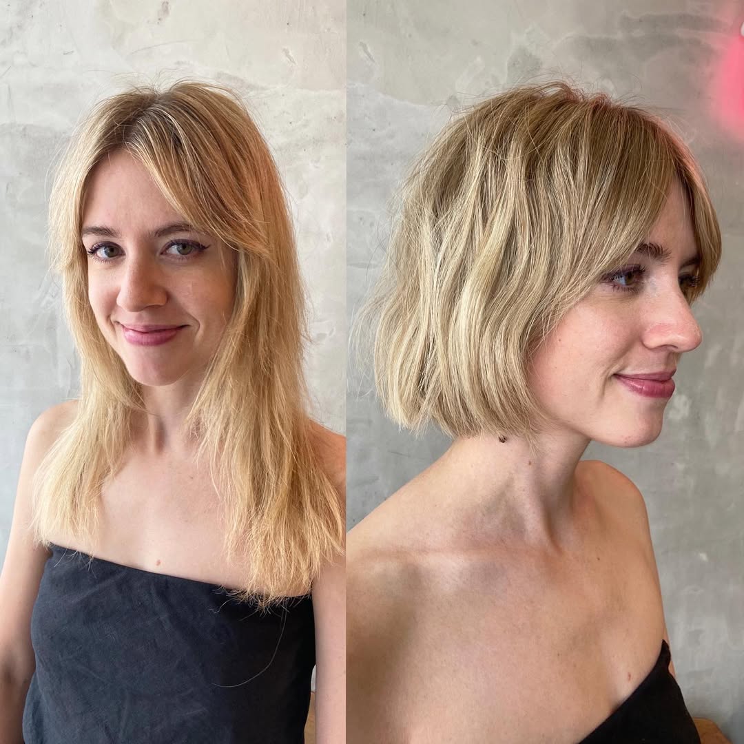 Transformação de cabelo comprido em camadas num bob chique