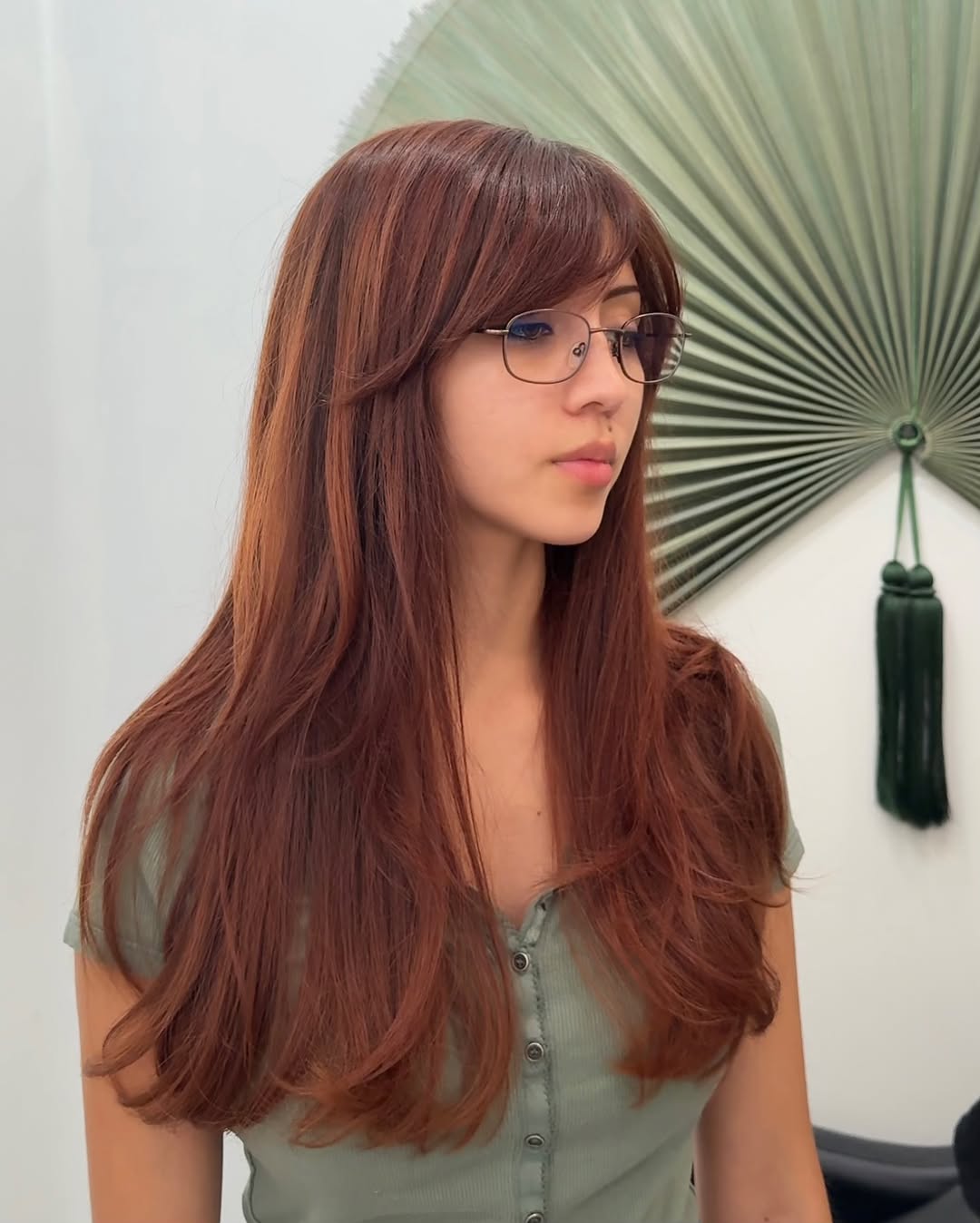 Long Copper Red Hair With Side Bangs