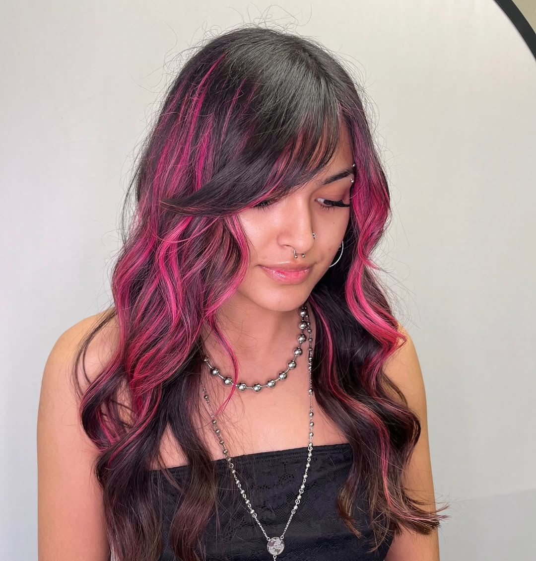 Long Dark Hair With Side Bangs And Pink Highlights